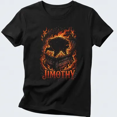 Illustration of a raccoon emerging from a burning dumpster with the name Jimothy — printed on a women's shirt