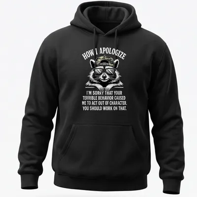 Bold cartoon print featuring a raccoon and humorous apology text — printed on a unisex hoodie