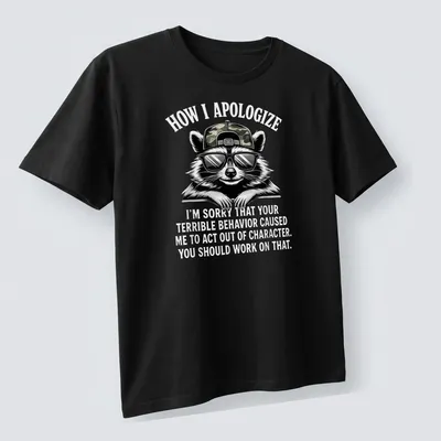 Bold cartoon print featuring a raccoon and humorous apology text — printed on a unisex t-shirt (angled view)
