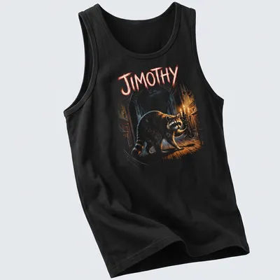 Illustration of a raccoon named Jimothy holding a candelabra in a haunted hallway — printed on a tank top