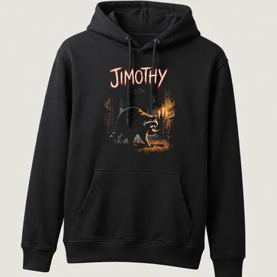 Illustration of a raccoon named Jimothy holding a candelabra in a haunted hallway — printed on a unisex hoodie
