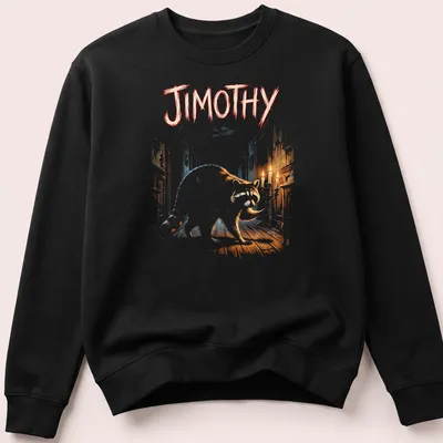 Illustration of a raccoon named Jimothy holding a candelabra in a haunted hallway — printed on a unisex sweatshirt