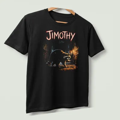 Illustration of a raccoon named Jimothy holding a candelabra in a haunted hallway — printed on a unisex t-shirt (angled view)
