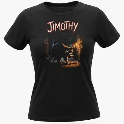 Illustration of a raccoon named Jimothy holding a candelabra in a haunted hallway — printed on a women's shirt
