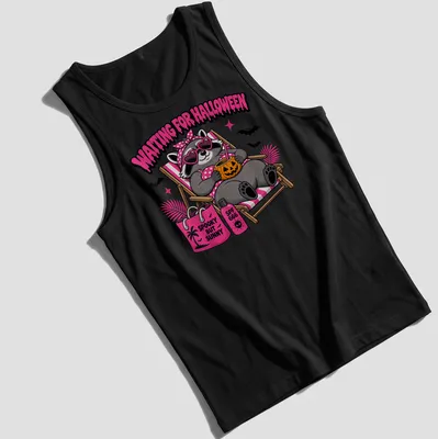 Cartoon raccoon with text 'Waiting For Halloween' in colorful design — printed on a tank top