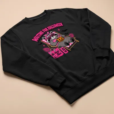 Cartoon raccoon with text 'Waiting For Halloween' in colorful design — printed on a unisex sweatshirt