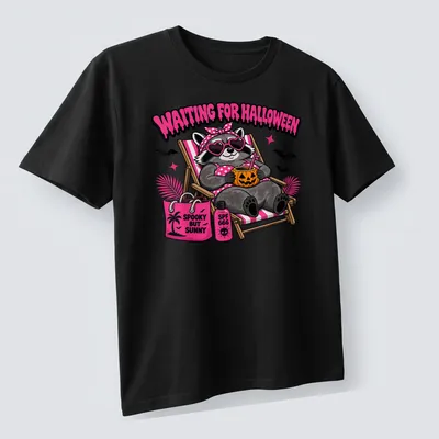 Cartoon raccoon with text 'Waiting For Halloween' in colorful design — printed on a unisex t-shirt (angled view)