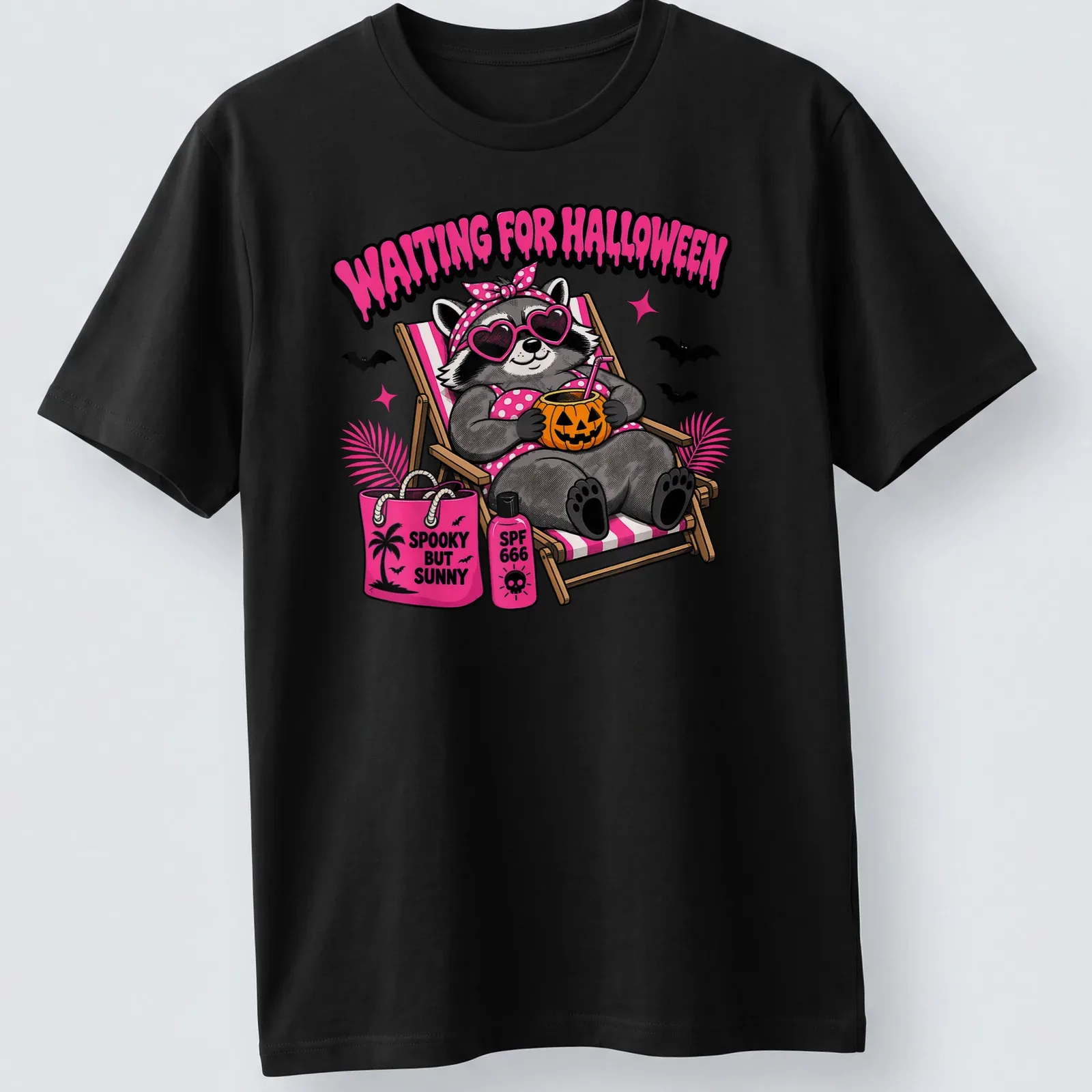 Cartoon raccoon with text 'Waiting For Halloween' in colorful design — printed on a unisex t-shirt