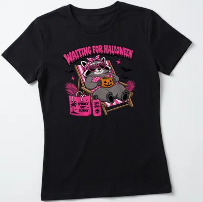Cartoon raccoon with text 'Waiting For Halloween' in colorful design — printed on a women's shirt