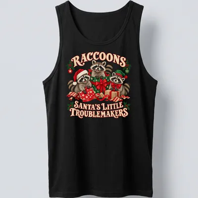 Cute festive T-shirt featuring raccoons with Christmas elements and playful text. — printed on a tank top