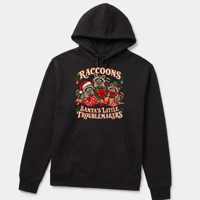 Cute festive T-shirt featuring raccoons with Christmas elements and playful text. — printed on a unisex hoodie