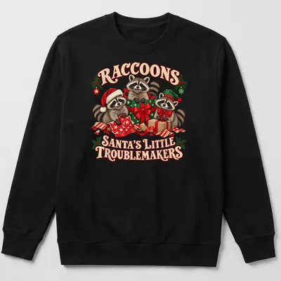 Cute festive T-shirt featuring raccoons with Christmas elements and playful text. — printed on a unisex sweatshirt