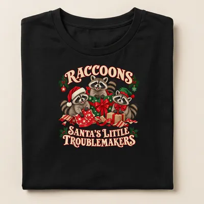 Cute festive T-shirt featuring raccoons with Christmas elements and playful text. — printed on a women's shirt