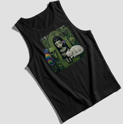 Gothic design of a girl with big eyes alongside a rainbow and white cat — printed on a tank top