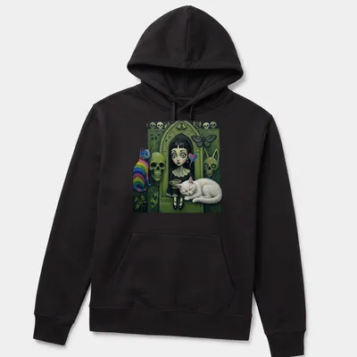 Gothic design of a girl with big eyes alongside a rainbow and white cat — printed on a unisex hoodie