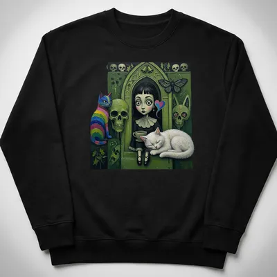 Gothic design of a girl with big eyes alongside a rainbow and white cat — printed on a unisex sweatshirt