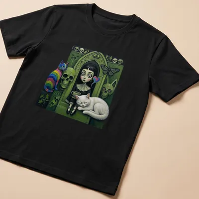Gothic design of a girl with big eyes alongside a rainbow and white cat