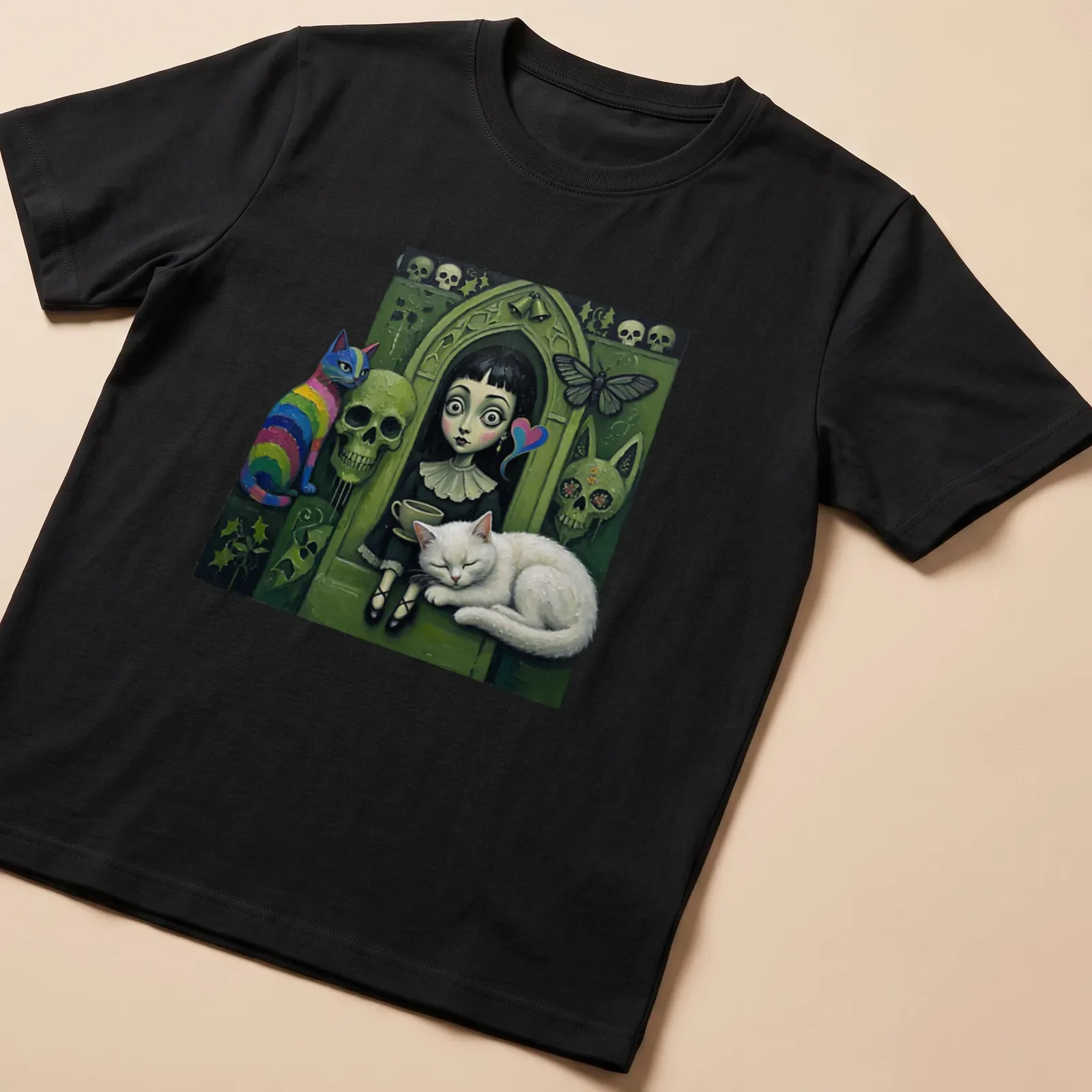 Gothic design of a girl with big eyes alongside a rainbow and white cat — printed on a unisex t-shirt
