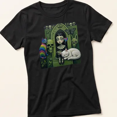 Gothic design of a girl with big eyes alongside a rainbow and white cat — printed on a women's shirt