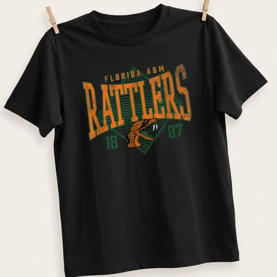 Heritage block letters with a rattlesnake graphic on a Florida A&M shirt