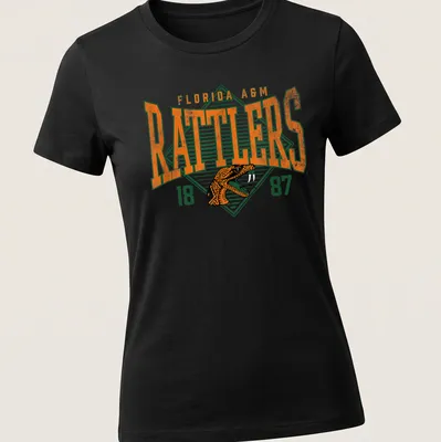 Heritage block letters with a rattlesnake graphic on a Florida A&M — printed on a women's shirt