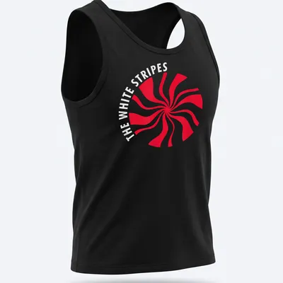 Bold graphic print of The White Stripes text over a red swirl design — printed on a tank top