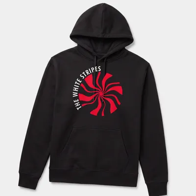 Bold graphic print of The White Stripes text over a red swirl design — printed on a unisex hoodie