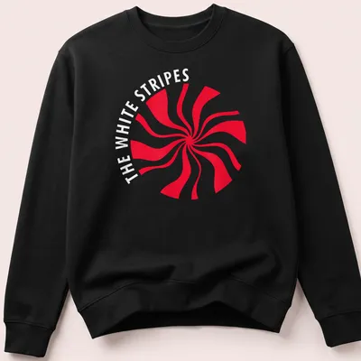 Bold graphic print of The White Stripes text over a red swirl design — printed on a unisex sweatshirt