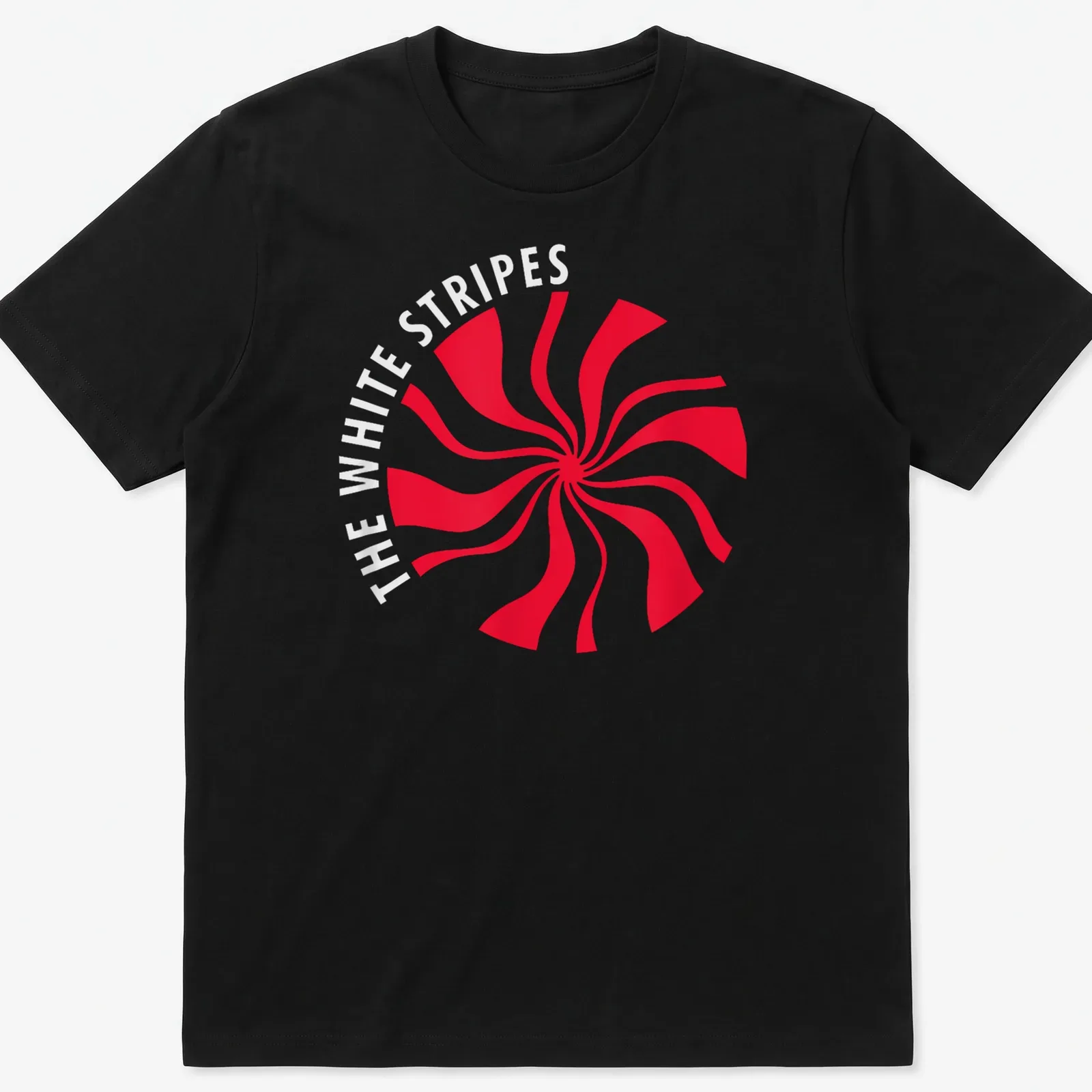 Bold graphic print of The White Stripes text over a red swirl design — printed on a unisex t-shirt