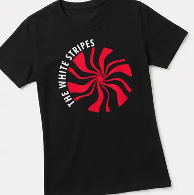 Bold graphic print of The White Stripes text over a red swirl design — printed on a women's shirt