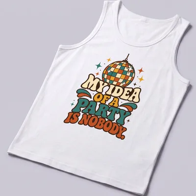 Retro disco ball graphic with humorous text about parties — printed on a tank top