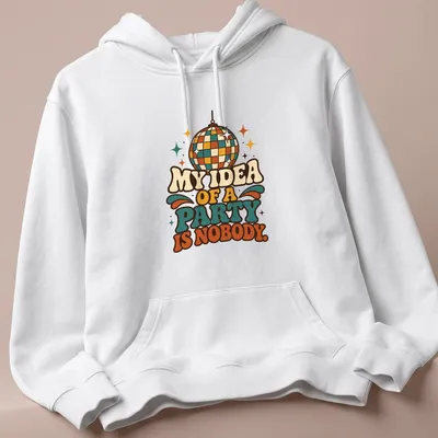 Retro disco ball graphic with humorous text about parties — printed on a unisex hoodie