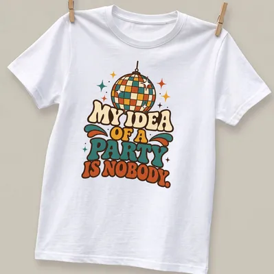 Retro disco ball graphic with humorous text about parties