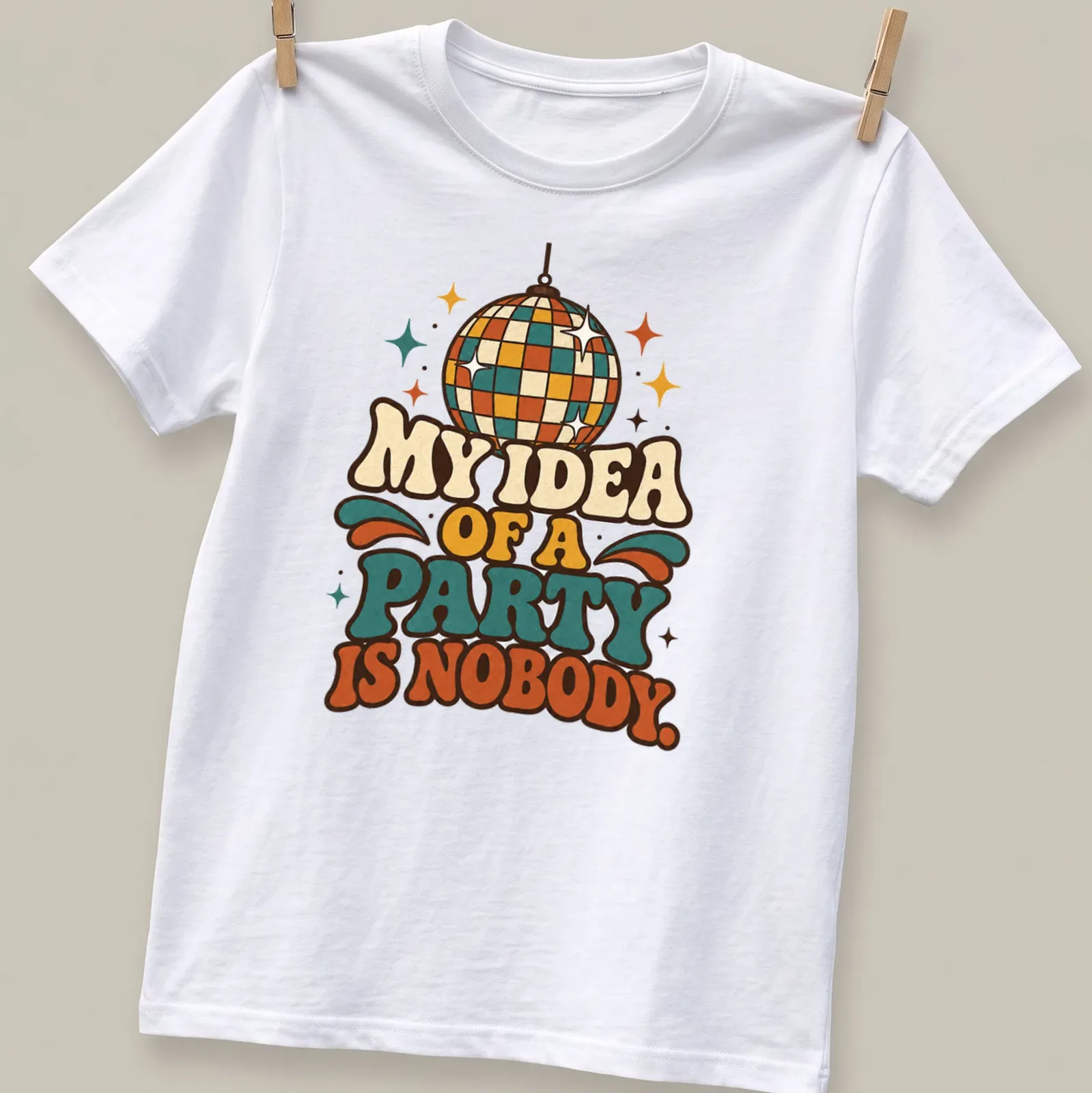 Retro disco ball graphic with humorous text about parties — printed on a unisex t-shirt
