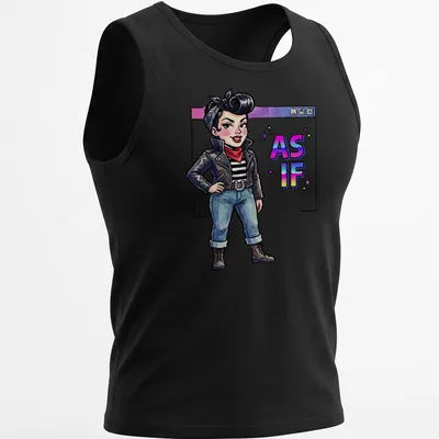 Colorful cartoon of a retro punk girl with the slogan AS IF printed — printed on a tank top