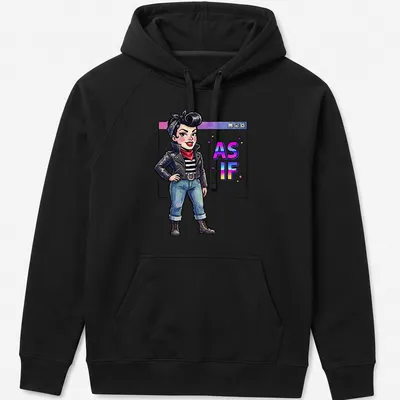 Colorful cartoon of a retro punk girl with the slogan AS IF printed — printed on a unisex hoodie