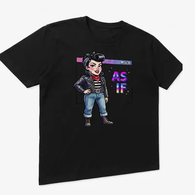 Colorful cartoon of a retro punk girl with the slogan AS IF printed — printed on a unisex t-shirt (angled view)