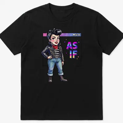 Colorful cartoon of a retro punk girl with the slogan AS IF printed