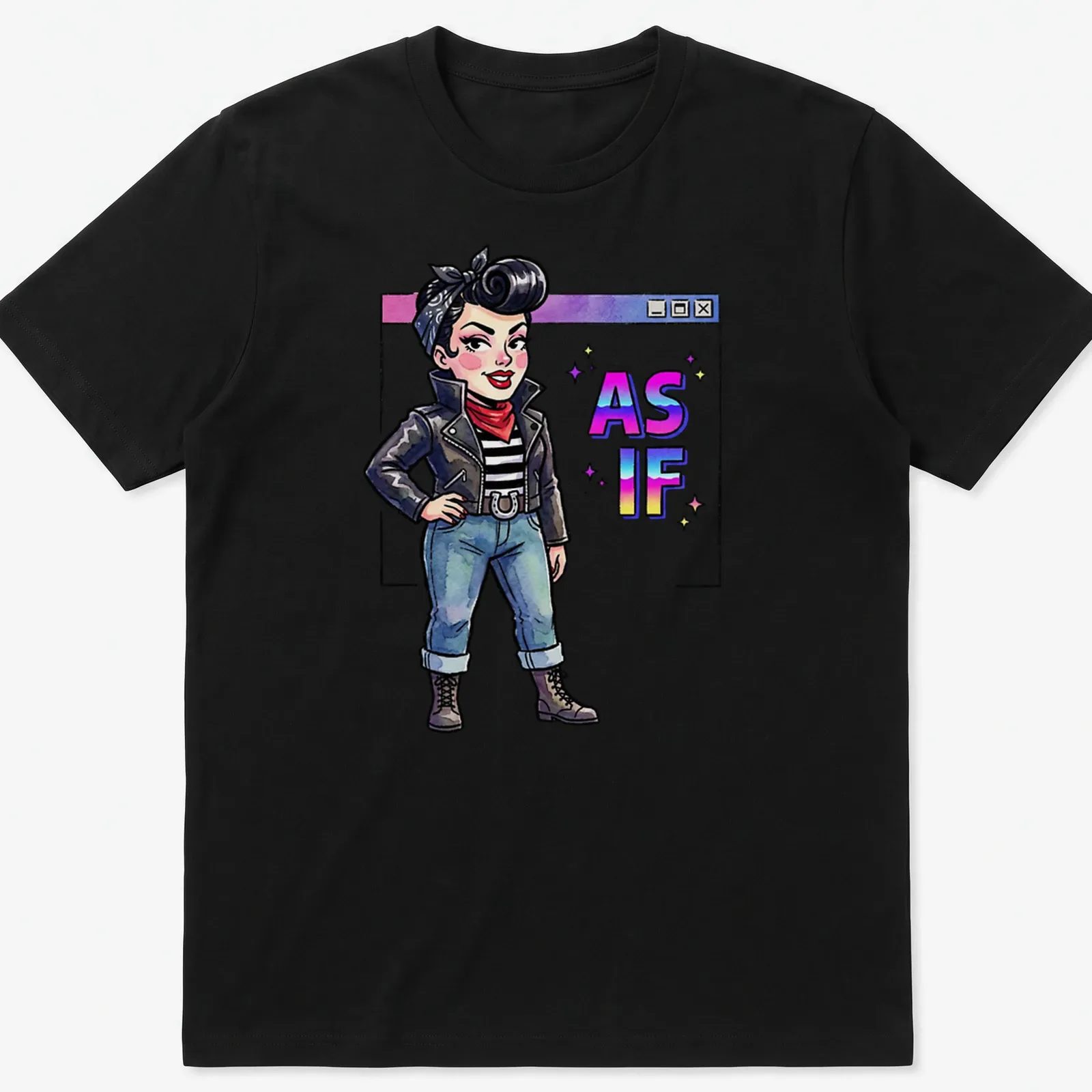 Colorful cartoon of a retro punk girl with the slogan AS IF printed — printed on a unisex t-shirt
