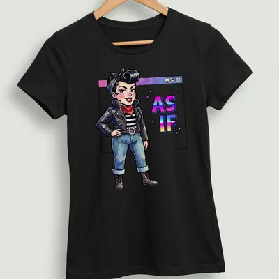Colorful cartoon of a retro punk girl with the slogan AS IF printed — printed on a women's shirt