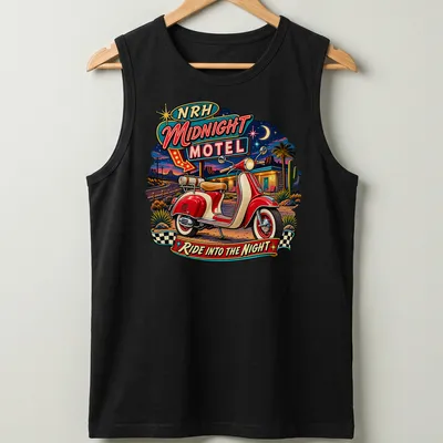 Retro tee featuring a scooter design with the text NRH Midnight Motel Ride Into The Night — printed on a tank top