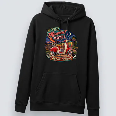 Retro tee featuring a scooter design with the text NRH Midnight Motel Ride Into The Night — printed on a unisex hoodie