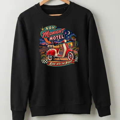 Retro tee featuring a scooter design with the text NRH Midnight Motel Ride Into The Night — printed on a unisex sweatshirt