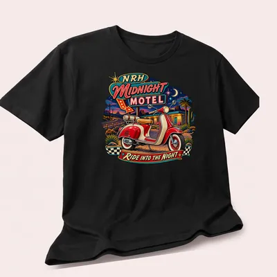 Retro tee featuring a scooter design with the text NRH Midnight Motel Ride Into The Night — printed on a unisex t-shirt (angled view)