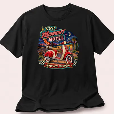 Retro tee featuring a scooter design with the text NRH Midnight Motel Ride Into The Night