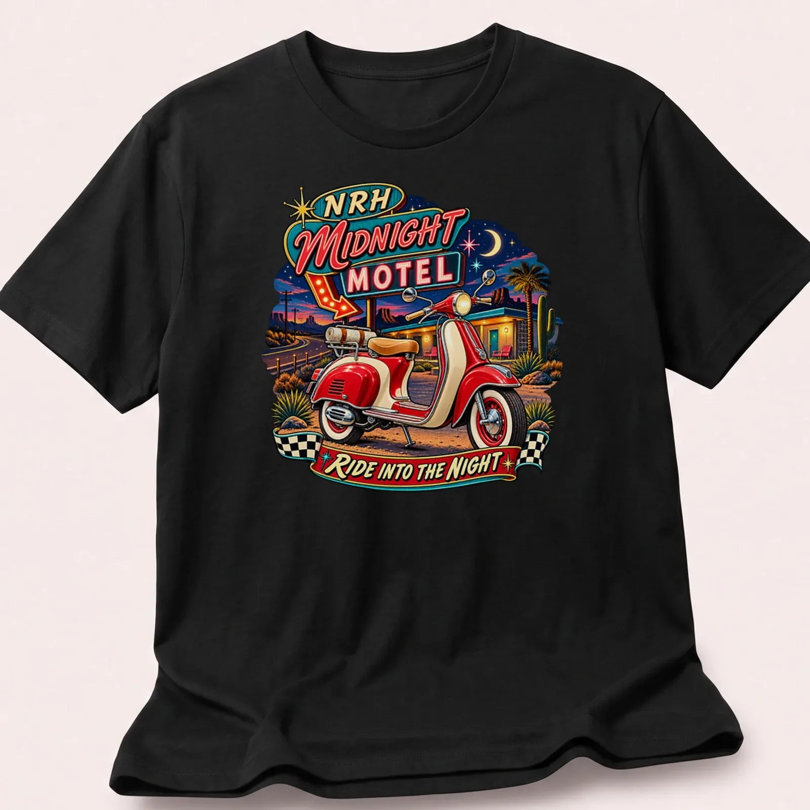 Retro tee featuring a scooter design with the text NRH Midnight Motel Ride Into The Night — printed on a unisex t-shirt