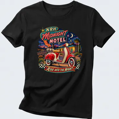 Retro tee featuring a scooter design with the text NRH Midnight Motel Ride Into The Night — printed on a women's shirt