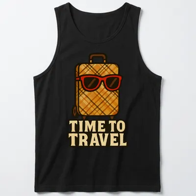 Funny retro design featuring a suitcase with sunglasses and the words 'TIME TO TRAVEL' — printed on a tank top