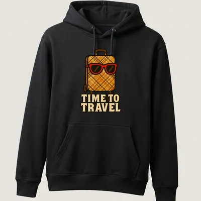 Funny retro design featuring a suitcase with sunglasses and the words 'TIME TO TRAVEL' — printed on a unisex hoodie