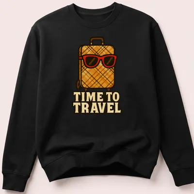 Funny retro design featuring a suitcase with sunglasses and the words 'TIME TO TRAVEL' — printed on a unisex sweatshirt